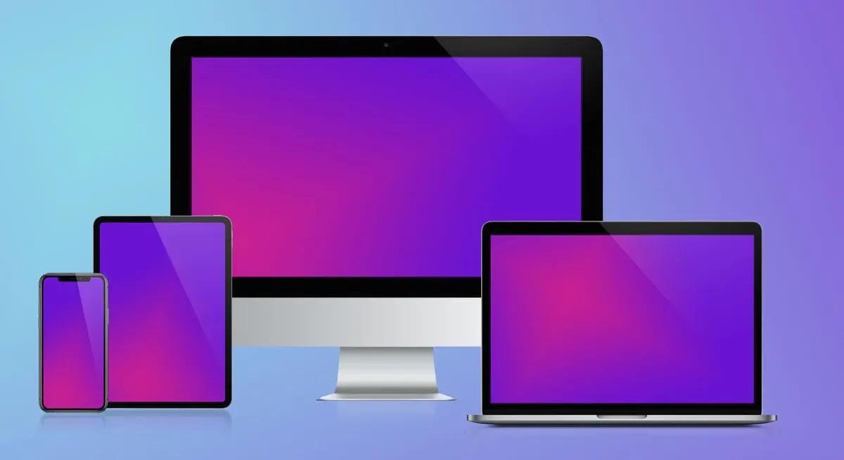 iMac, MacBook, iPad und iPhone nebeneinander als Geräte-Mockup mit farbigen Bildschirmen