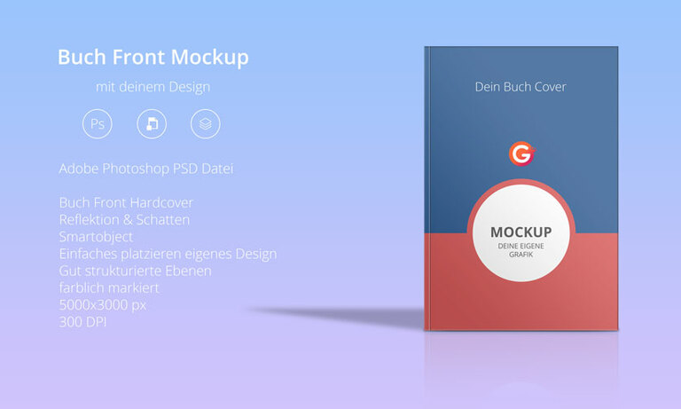 Buch Front Mockup: Hardcover frontal mit Schatten und Spiegelung vor violettem Hintergrund