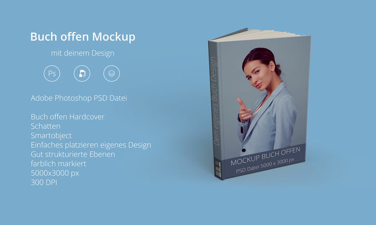 Buch offen Mockup: stehendes Hardcover mit sichtbarem Buchrücken vor blauem Hintergrund