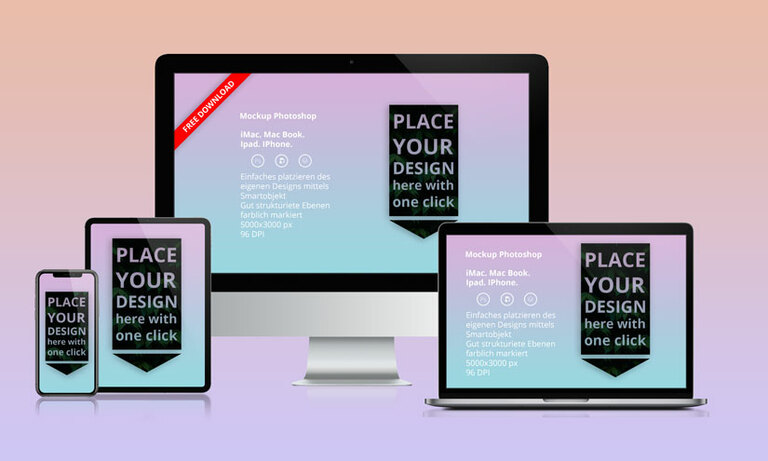 Responsive Mockup mit iPhone, iPad, MacBook und iMac vor rosa Verlauf