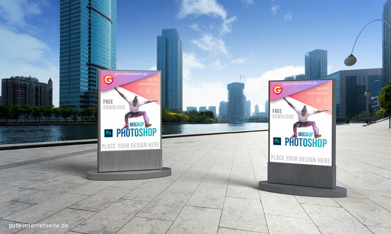 Plakatwand Mockup: zwei City-Light-Poster mit eigenem Motiv vor Hochhäusern