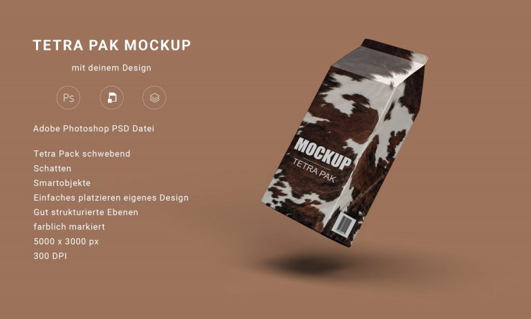 Tetra Pak Mockup: schwebender Getränkekarton mit eigenem Design auf braunem Hintergrund