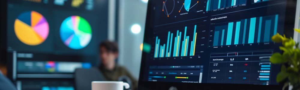 Was sind Schlagwörter – und was unterscheidet sie von Keywords? 1 Arbeitsplatz mit mehreren Monitoren voller Diagramme zur Auswertung von Suchbegriffen