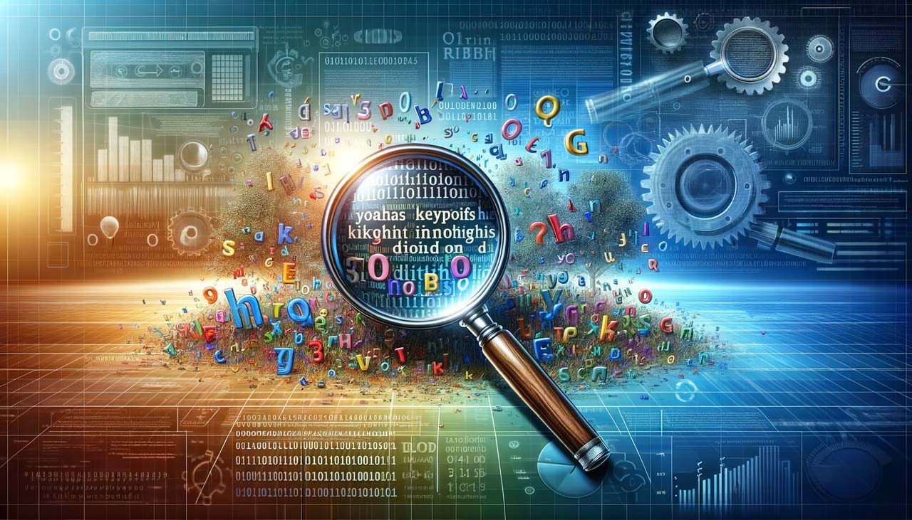 Lupe über einem Feld aus Buchstaben und Daten – Symbolbild für Schlagwörter und Keywords