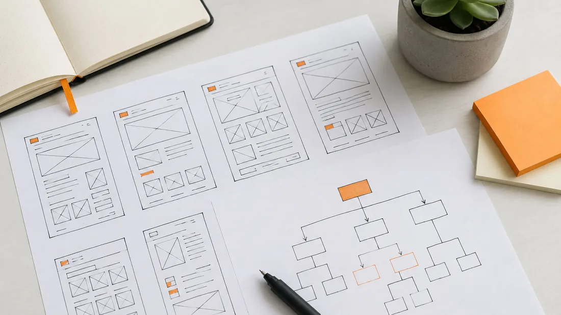Handgezeichnete Seitenarchitektur und Sitemap-Skizze auf Papier