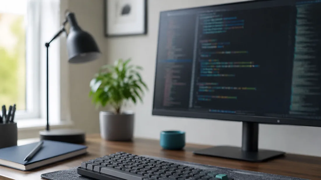 Aufger&auml;umter Entwickler-Arbeitsplatz mit Code auf dem Bildschirm