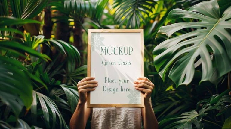 Schild Mockup: Hände halten gerahmtes Schild zwischen Monstera-Pflanzen