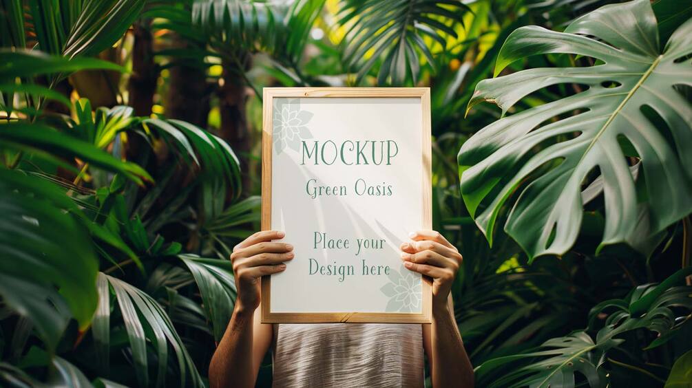 Schild Mockup: Hände halten gerahmtes Schild zwischen Monstera-Pflanzen