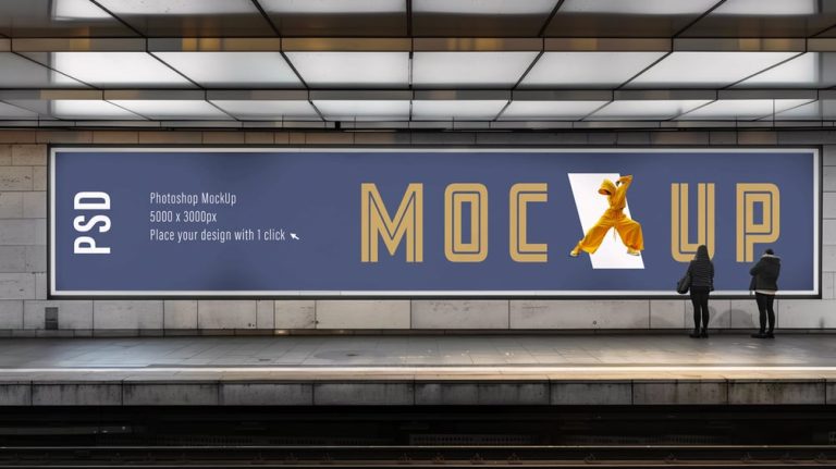 U-Bahn Werbung Mockup: extrabreiter Digital-Screen gegenüber dem Bahnsteig einer Metro-Station