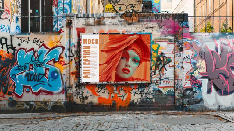 Graffiti Wand Mockup: Poster auf bunter Street-Art-Wand im Hinterhof