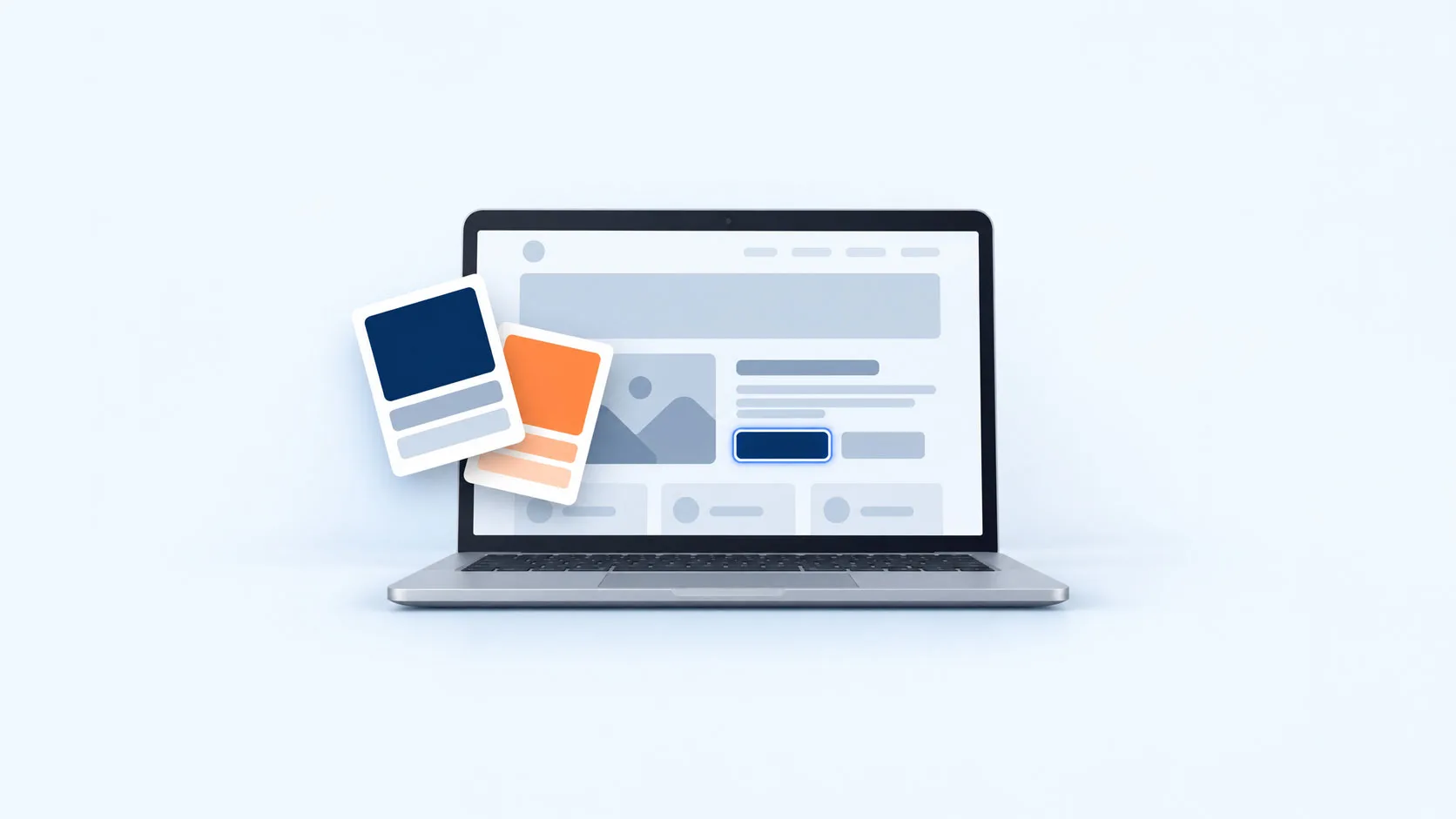 Laptop mit schematischem Website-Layout, davor eine dunkelblaue und eine orange Farbkarte als Symbol für Farbkontrast