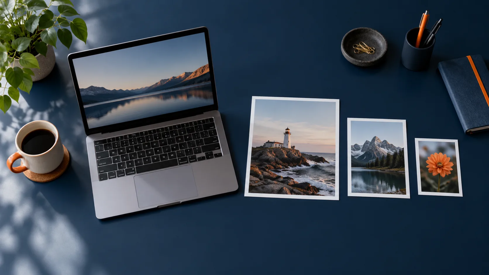 Drei Fotoabzüge in absteigender Größe neben einem Notebook auf einem Schreibtisch