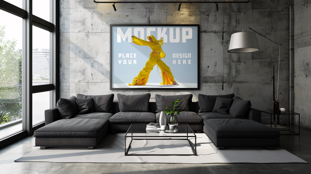 Loft Mockup: Poster an Betonwand über dunklem Ecksofa mit Fenstern zur Skyline