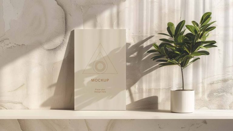 Poster Mockup an heller Wand mit Pflanzenschatten und warmem Sonnenlicht