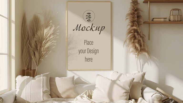 Poster Mockup im Boho-Wohnzimmer mit Bilderrahmen, Pampasgras und Tageslicht
