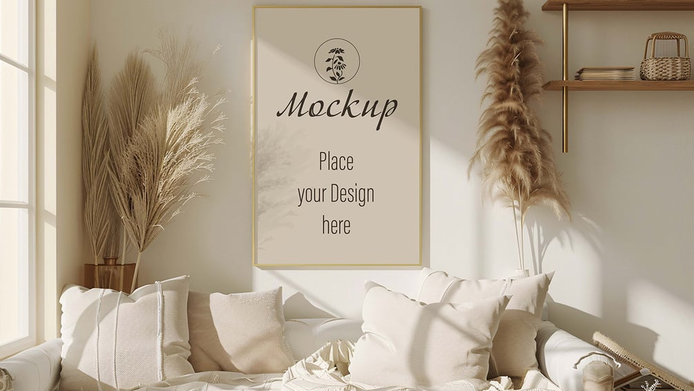 Poster Mockup im Boho-Wohnzimmer mit Bilderrahmen, Pampasgras und Tageslicht