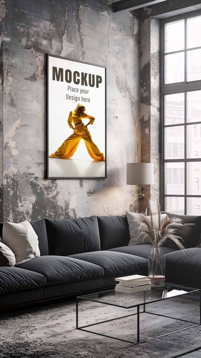 Hochformat Poster Mockup: großes Poster an Betonwand im Loft mit Stehlampe