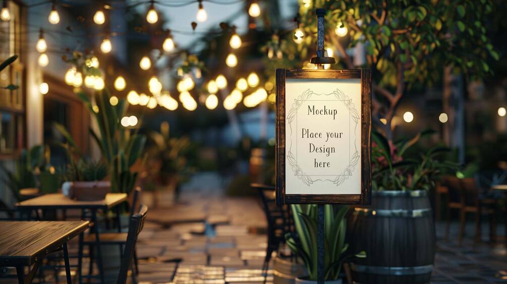Café Schild Mockup: gerahmtes Schild vor Café-Terrasse mit Lichterketten am Abend