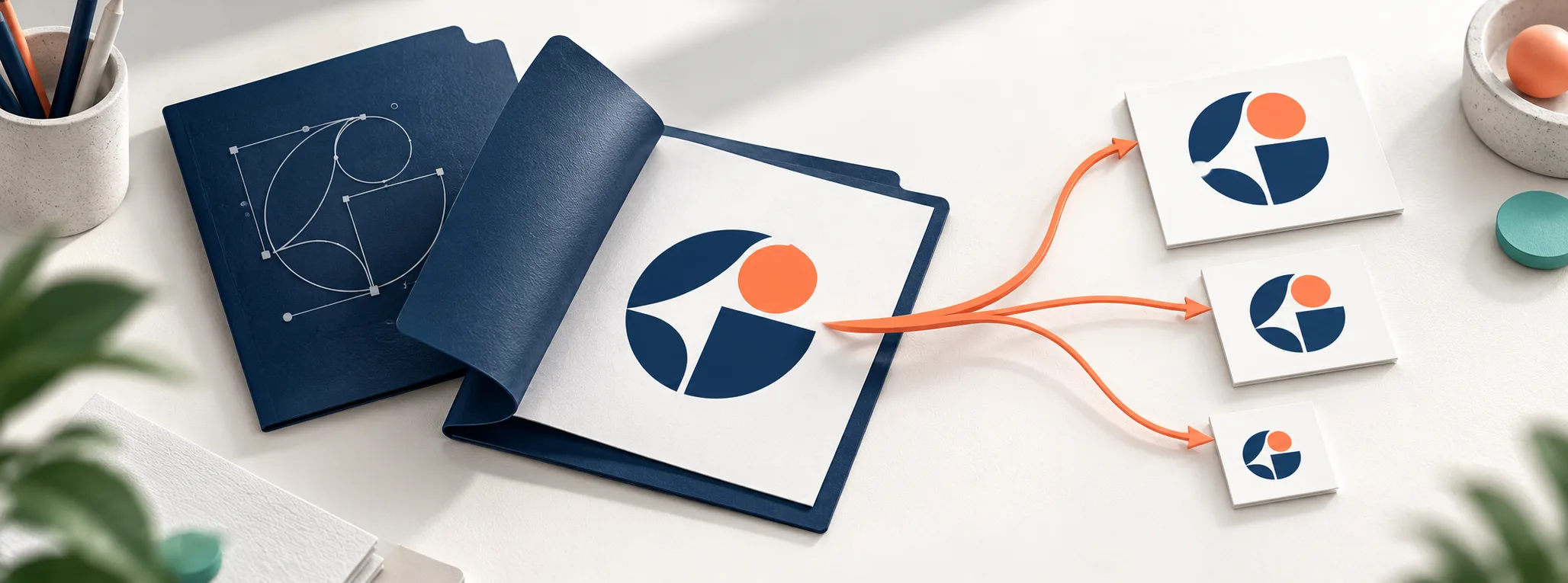 Abstraktes navyfarbenes Logo-Zeichen mit orangefarbenen Vektor-Ankerpunkten auf hellgrauer Fläche