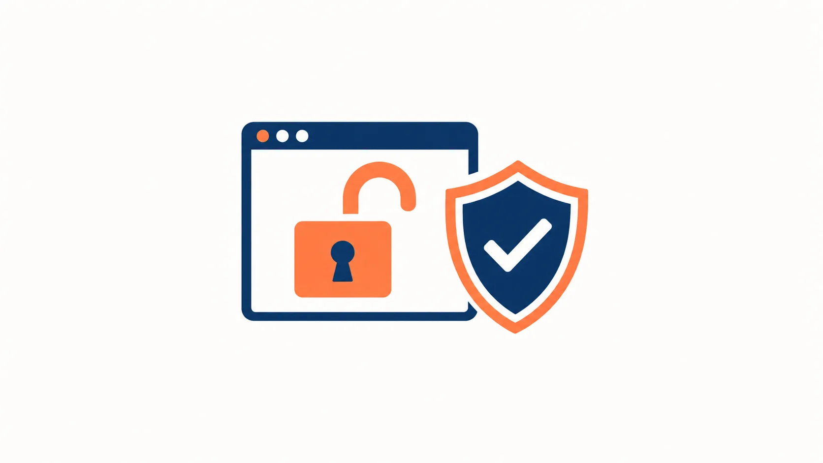 Stilisiertes Browserfenster mit geöffnetem Schloss und Schutzschild als Symbol für eine gehackte WordPress-Seite